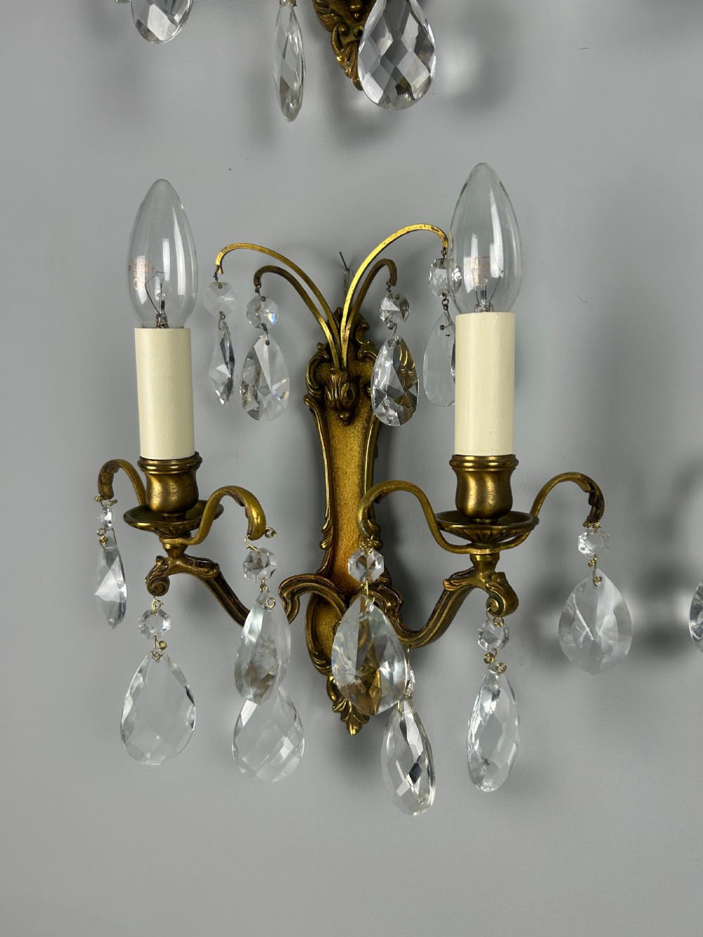 Set of 4 French Gilded Twin Arm Crystal Antique Wall Lights View IV