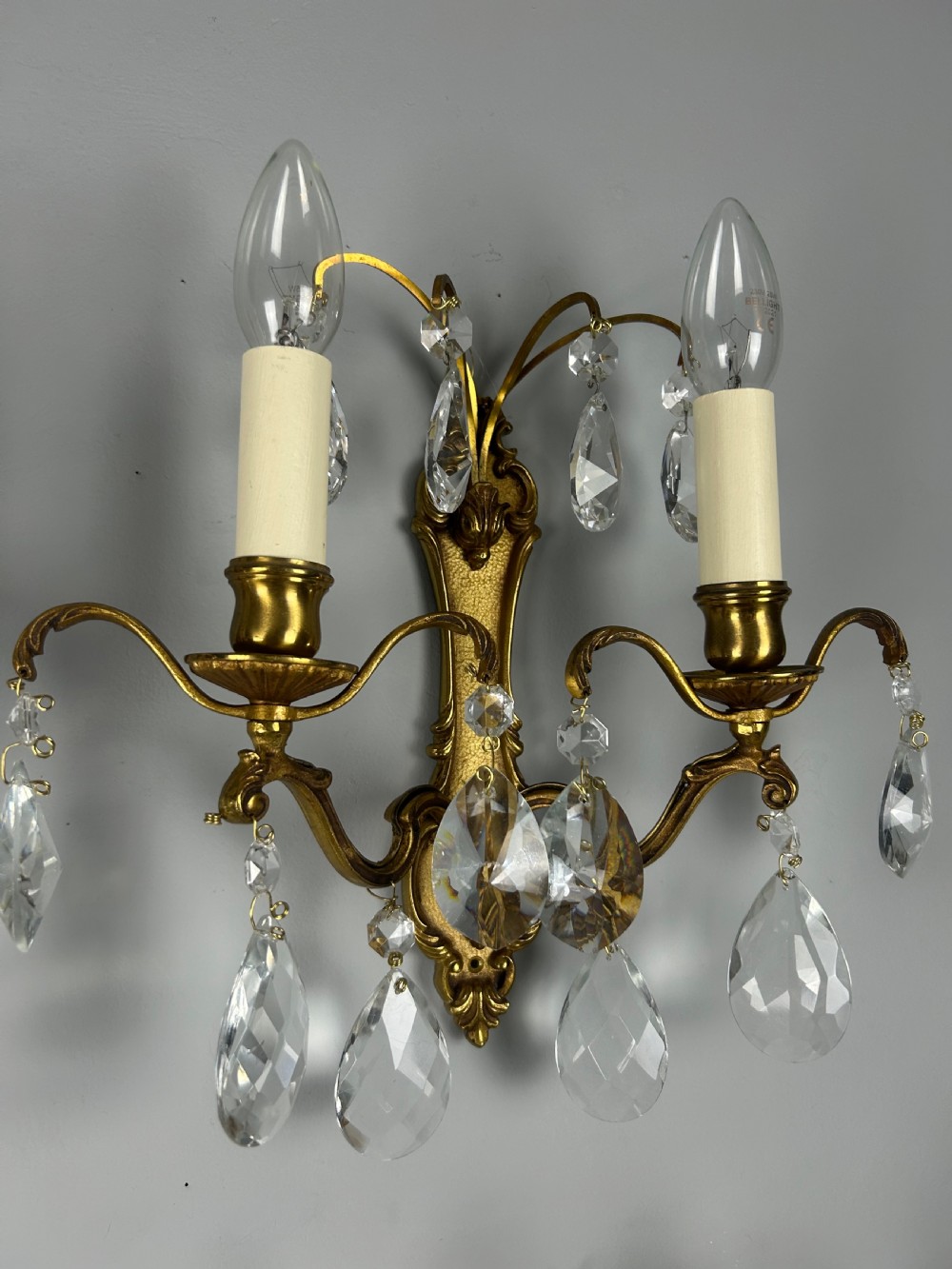 Set of 4 French Gilded Twin Arm Crystal Antique Wall Lights View V