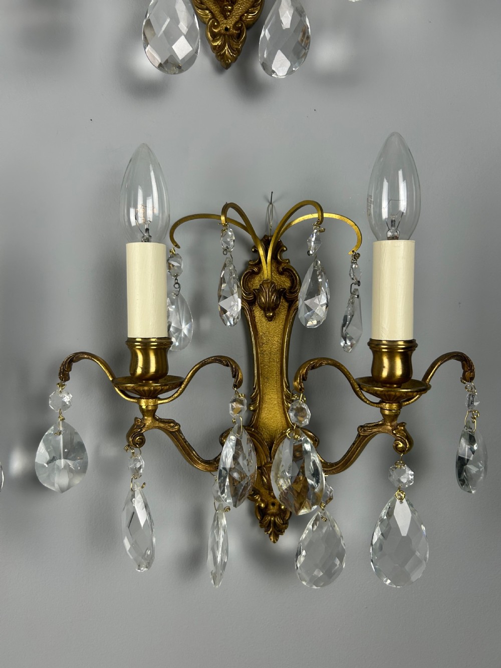 Set of 4 French Gilded Twin Arm Crystal Antique Wall Lights View VI
