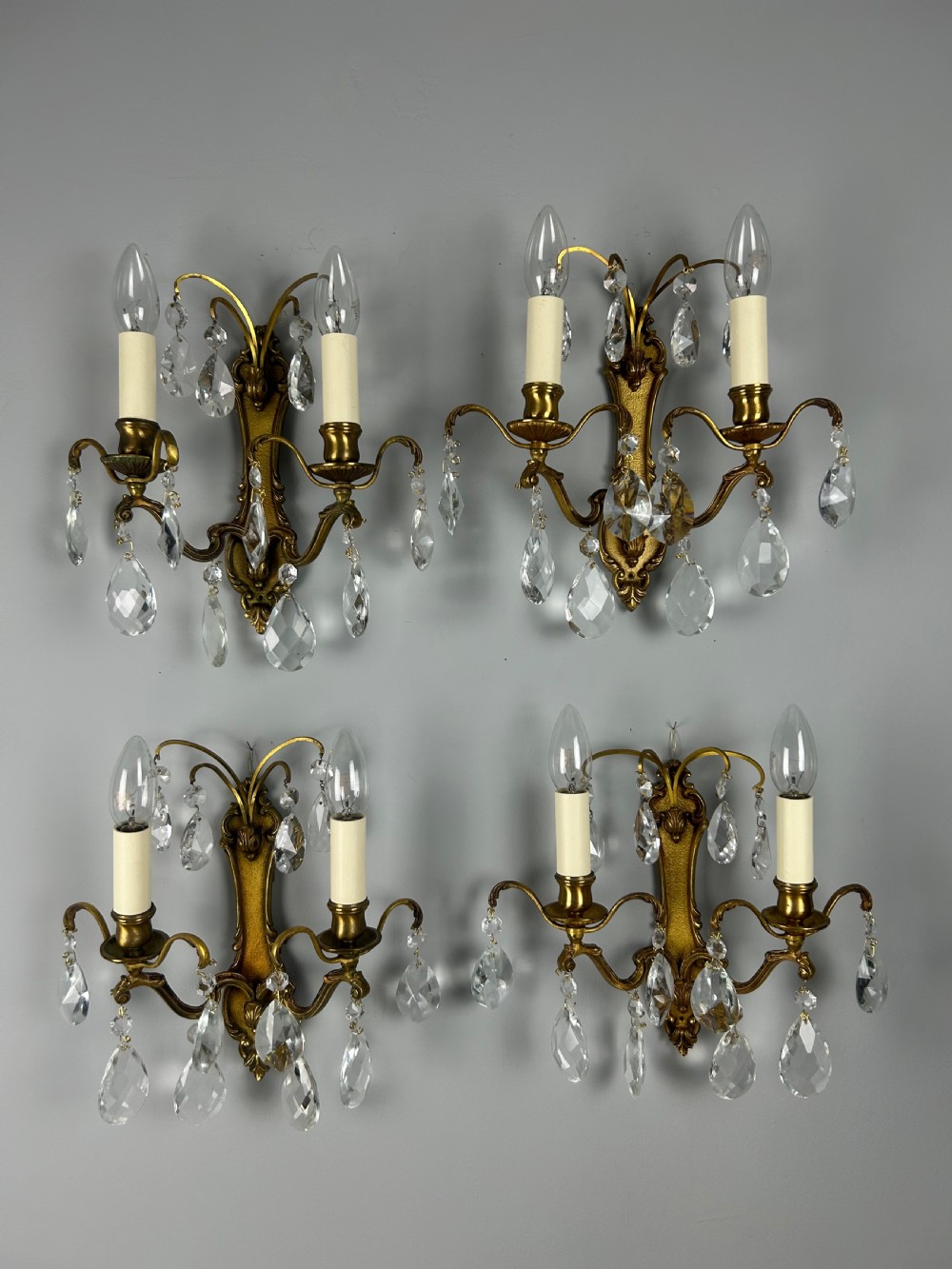 Set of 4 French Gilded Twin Arm Crystal Antique Wall Lights View VIII