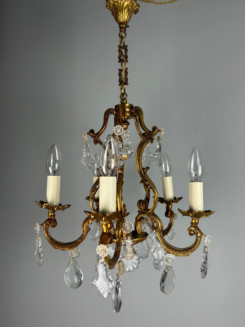 French Gilded & Crystal 5 Light Chandelier