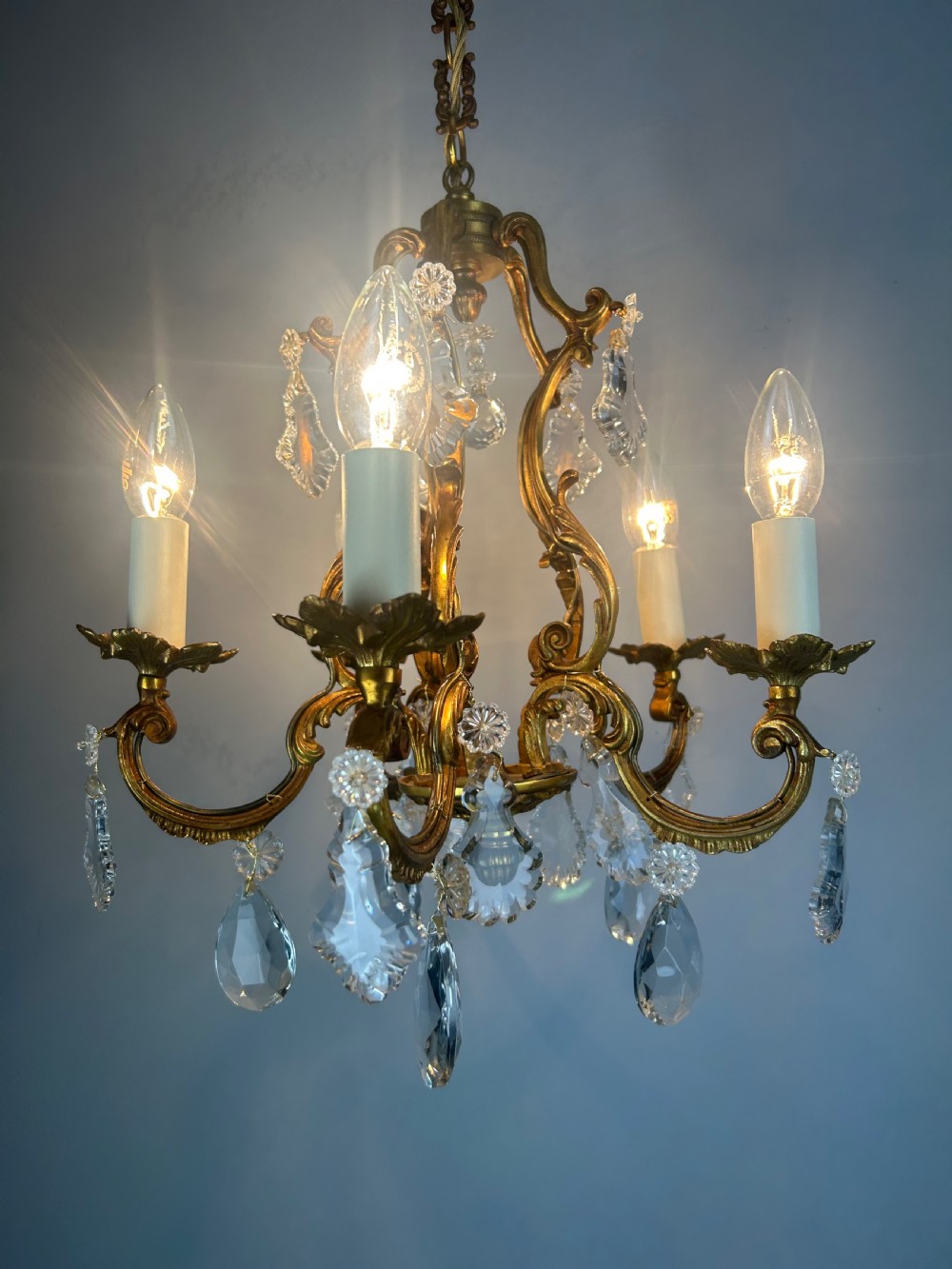 French Gilded & Crystal 5 Light Chandelier View V