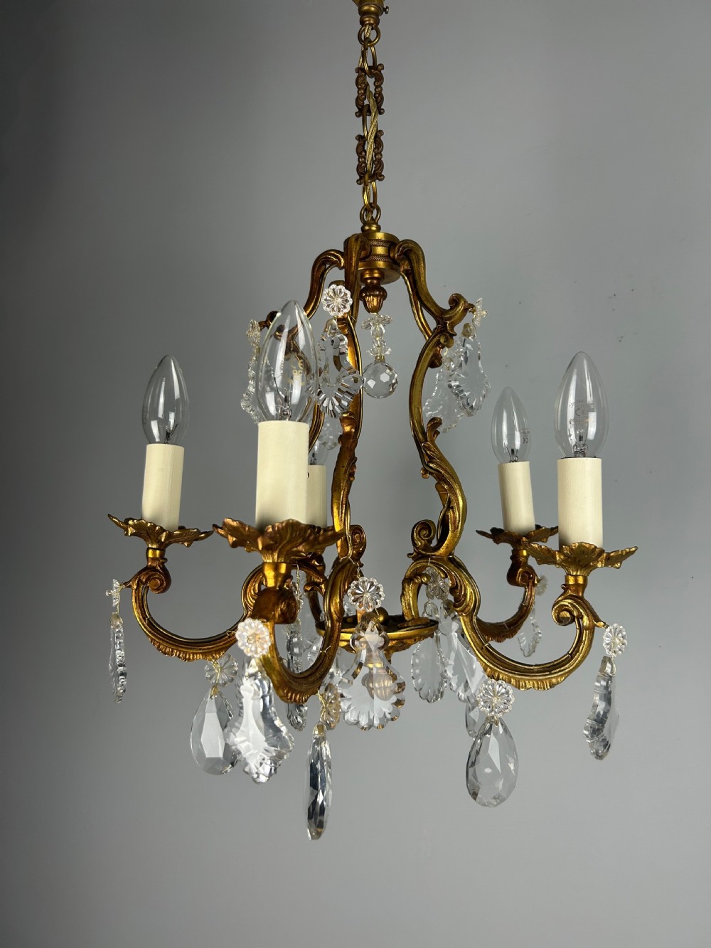 French Gilded & Crystal 5 Light Chandelier View IX