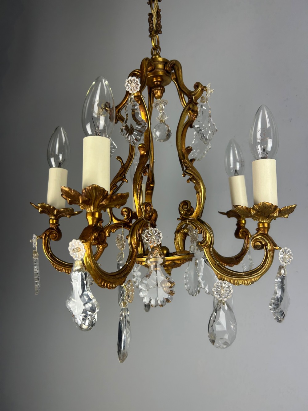 French Gilded & Crystal 5 Light Chandelier View XIII