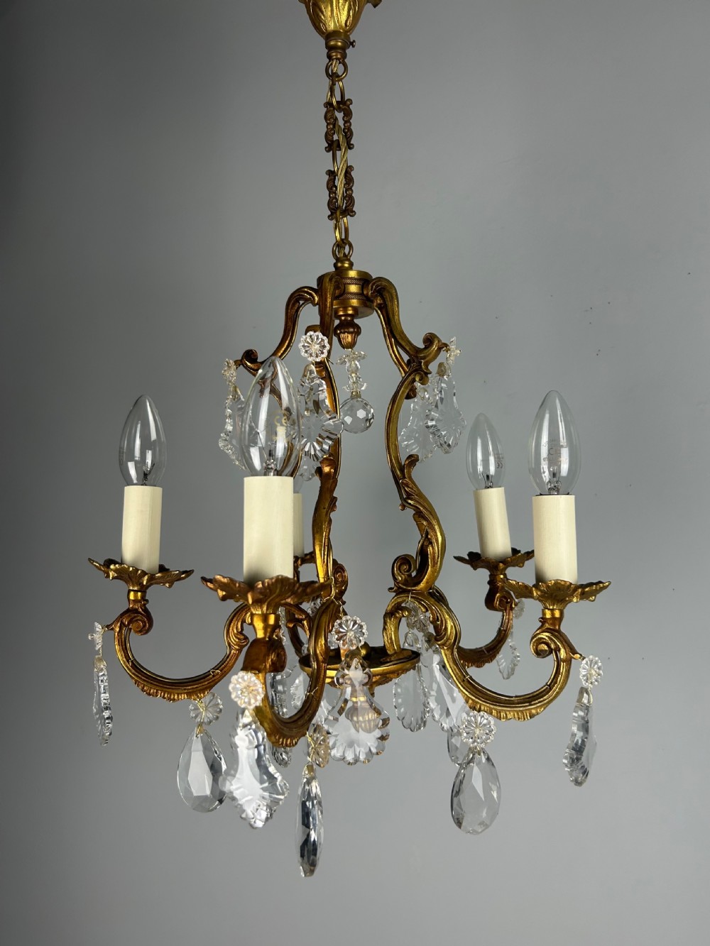 French Gilded & Crystal 5 Light Chandelier View XIV