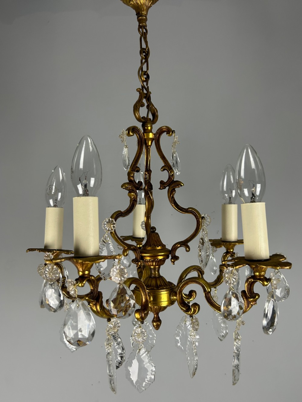 French Brass & Crystal 5 Light Chandelier