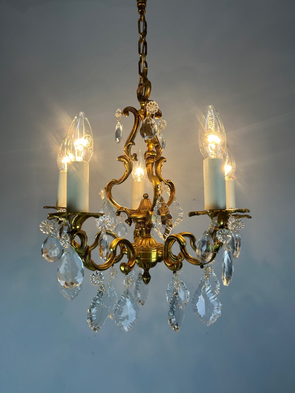 French Brass & Crystal 5 Light Chandelier View III