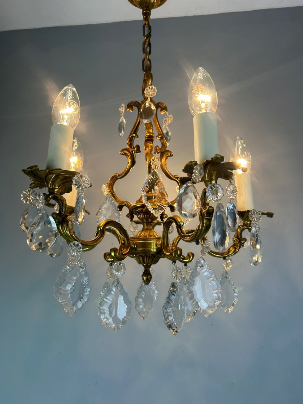French Brass & Crystal 5 Light Chandelier View IV