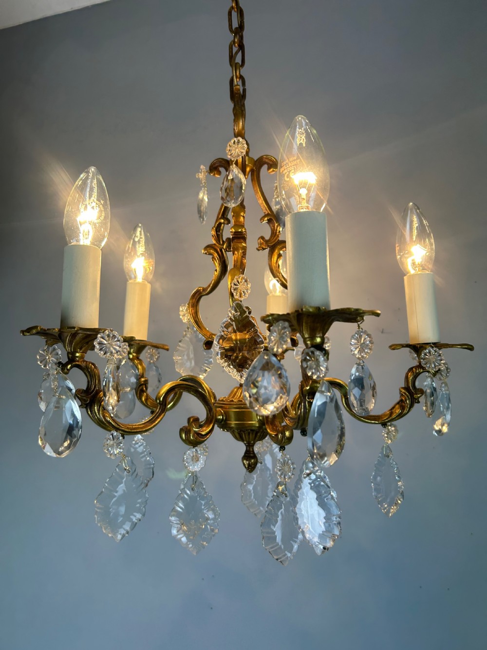 French Brass & Crystal 5 Light Chandelier View V