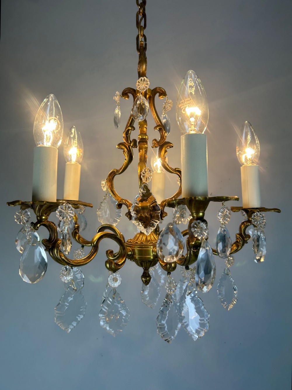 French Brass & Crystal 5 Light Chandelier View VI