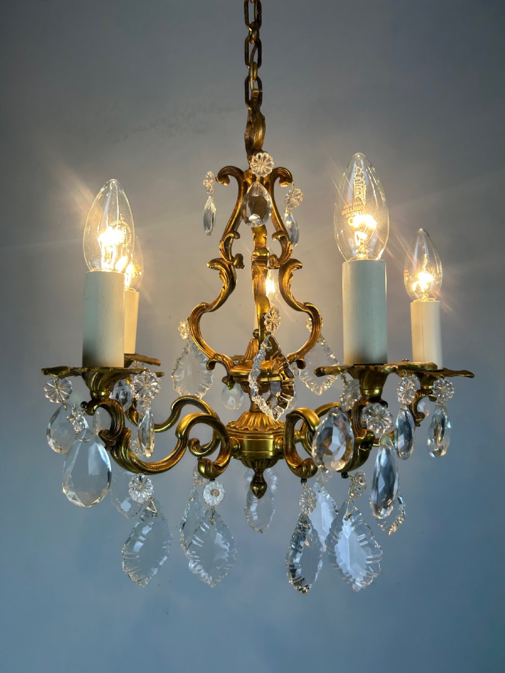 French Brass & Crystal 5 Light Chandelier View VII