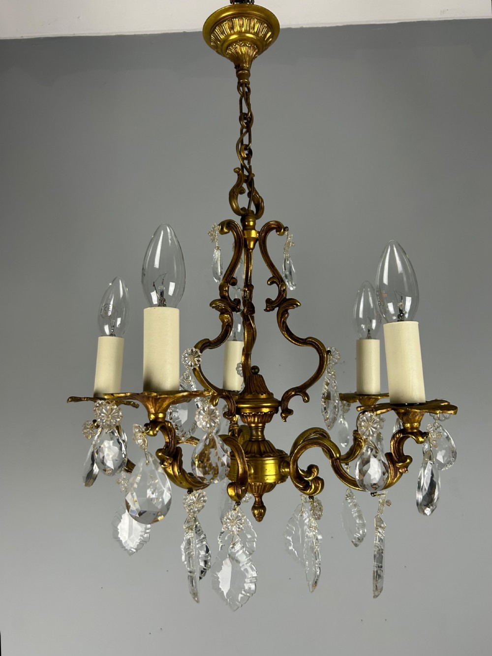 French Brass & Crystal 5 Light Chandelier View VIII