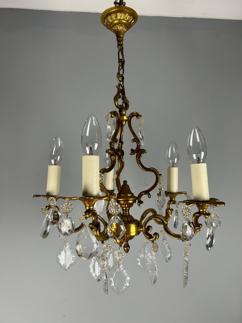 French Brass & Crystal 5 Light Chandelier View IX