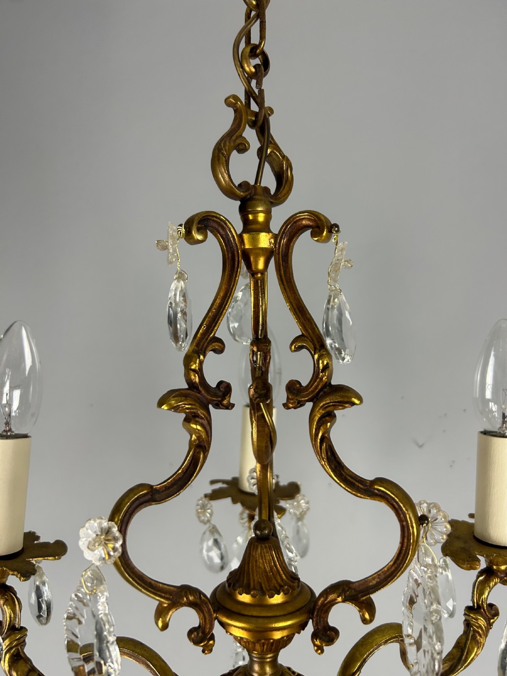 French Brass & Crystal 5 Light Chandelier View XI
