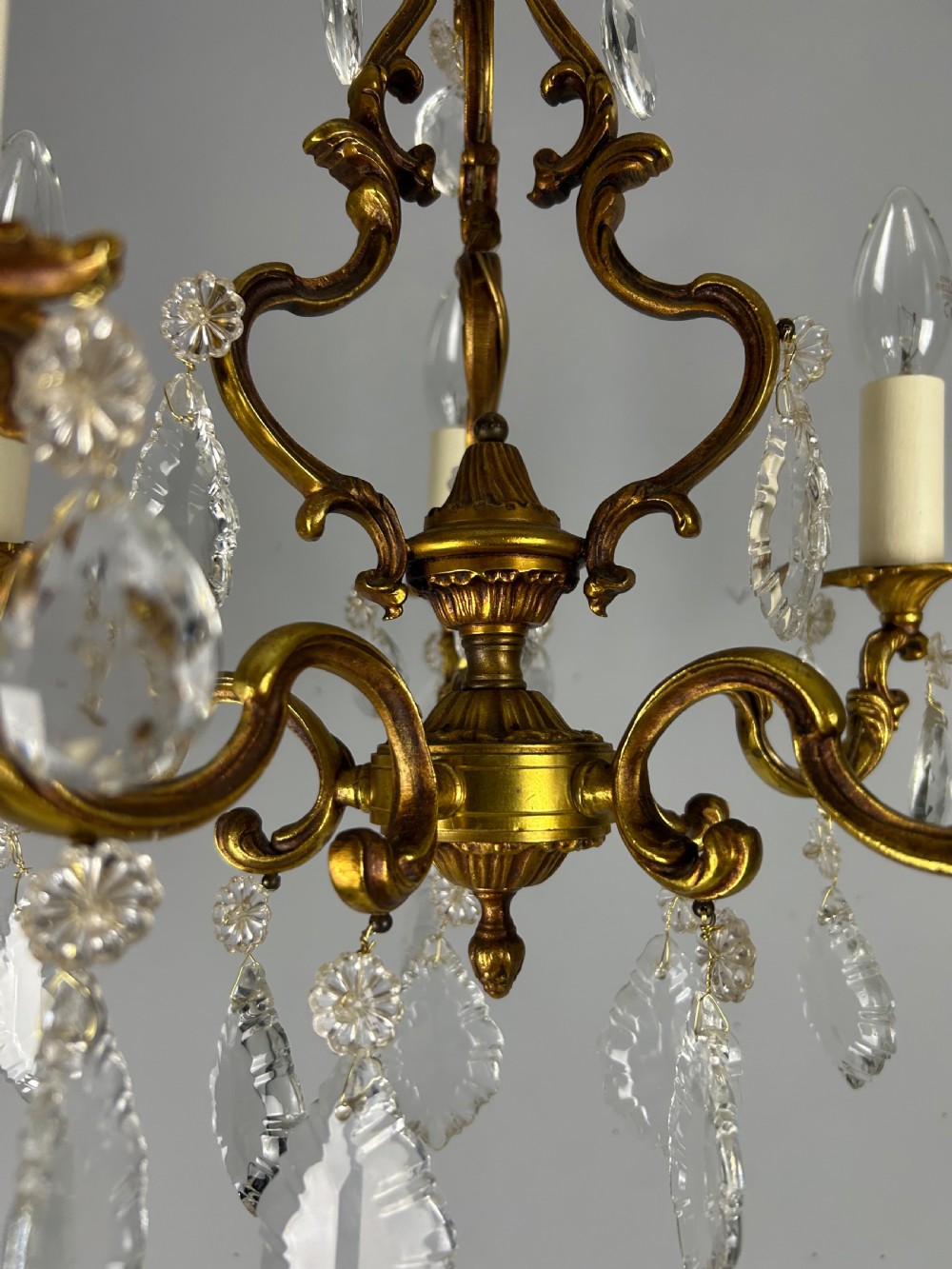 French Brass & Crystal 5 Light Chandelier View XII
