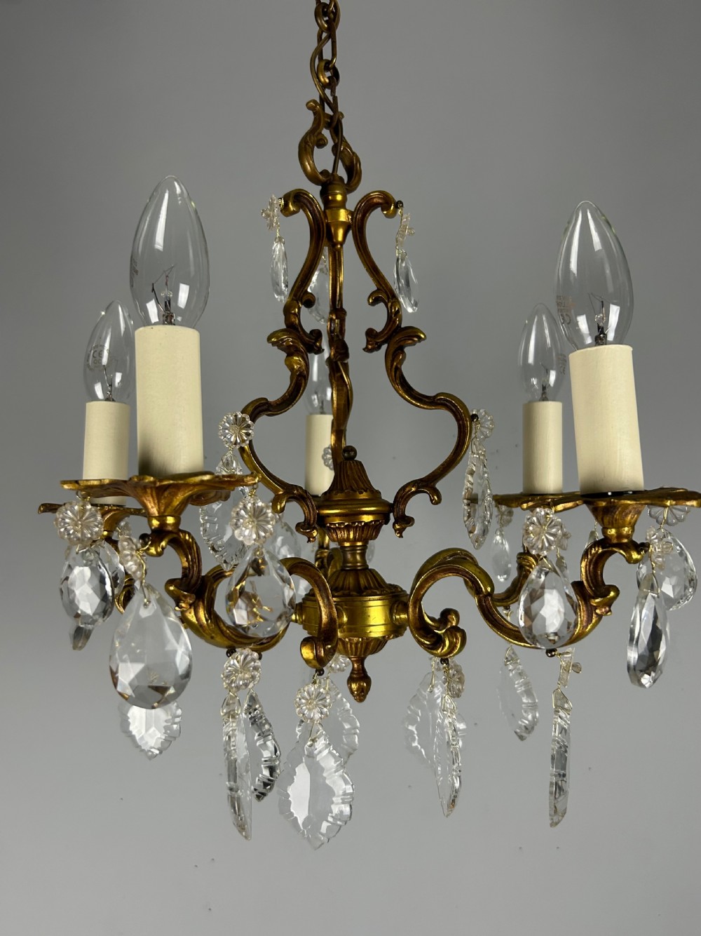 French Brass & Crystal 5 Light Chandelier View XIII