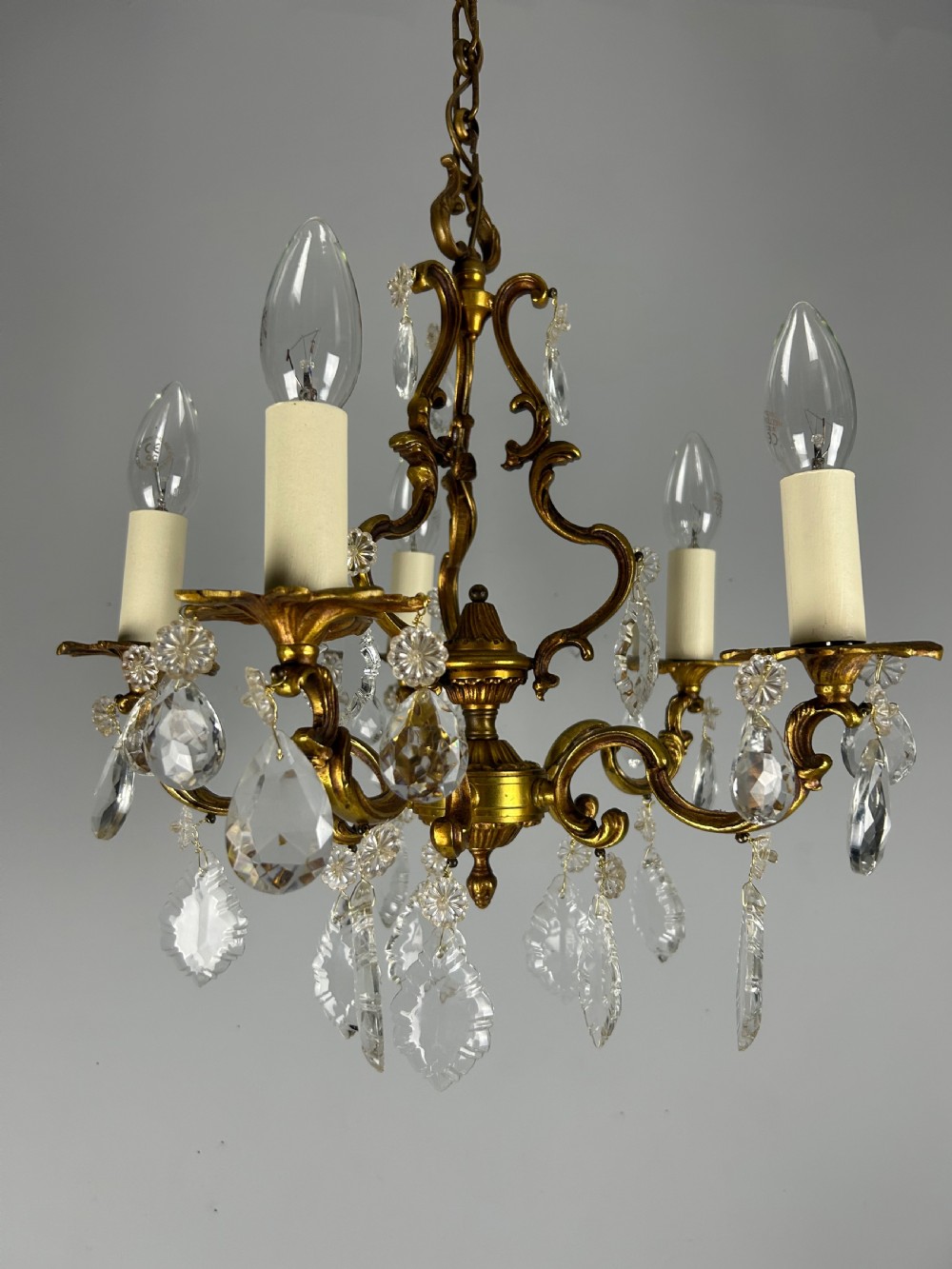 French Brass & Crystal 5 Light Chandelier View XIV