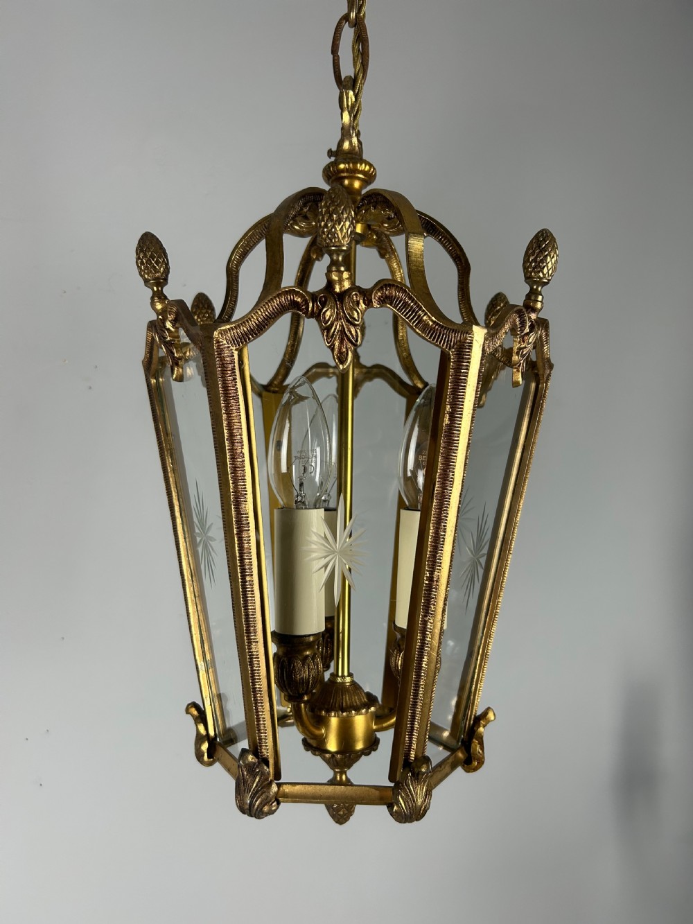 French Hexagonal Gilt Brass Antique Lantern 