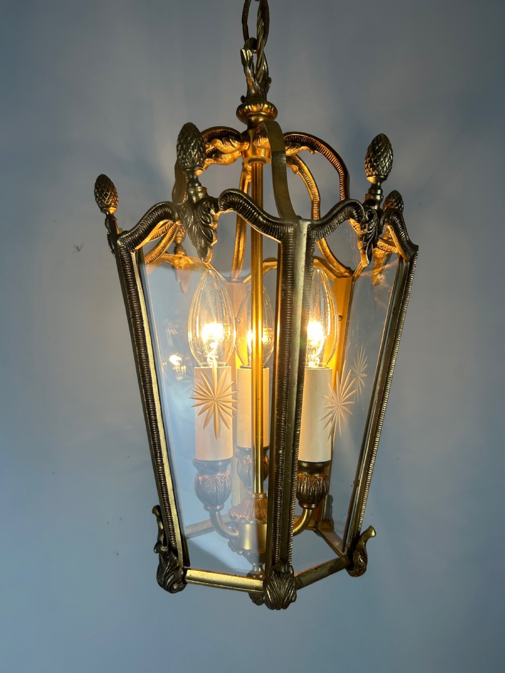 French Hexagonal Gilt Brass Antique Lantern  View V