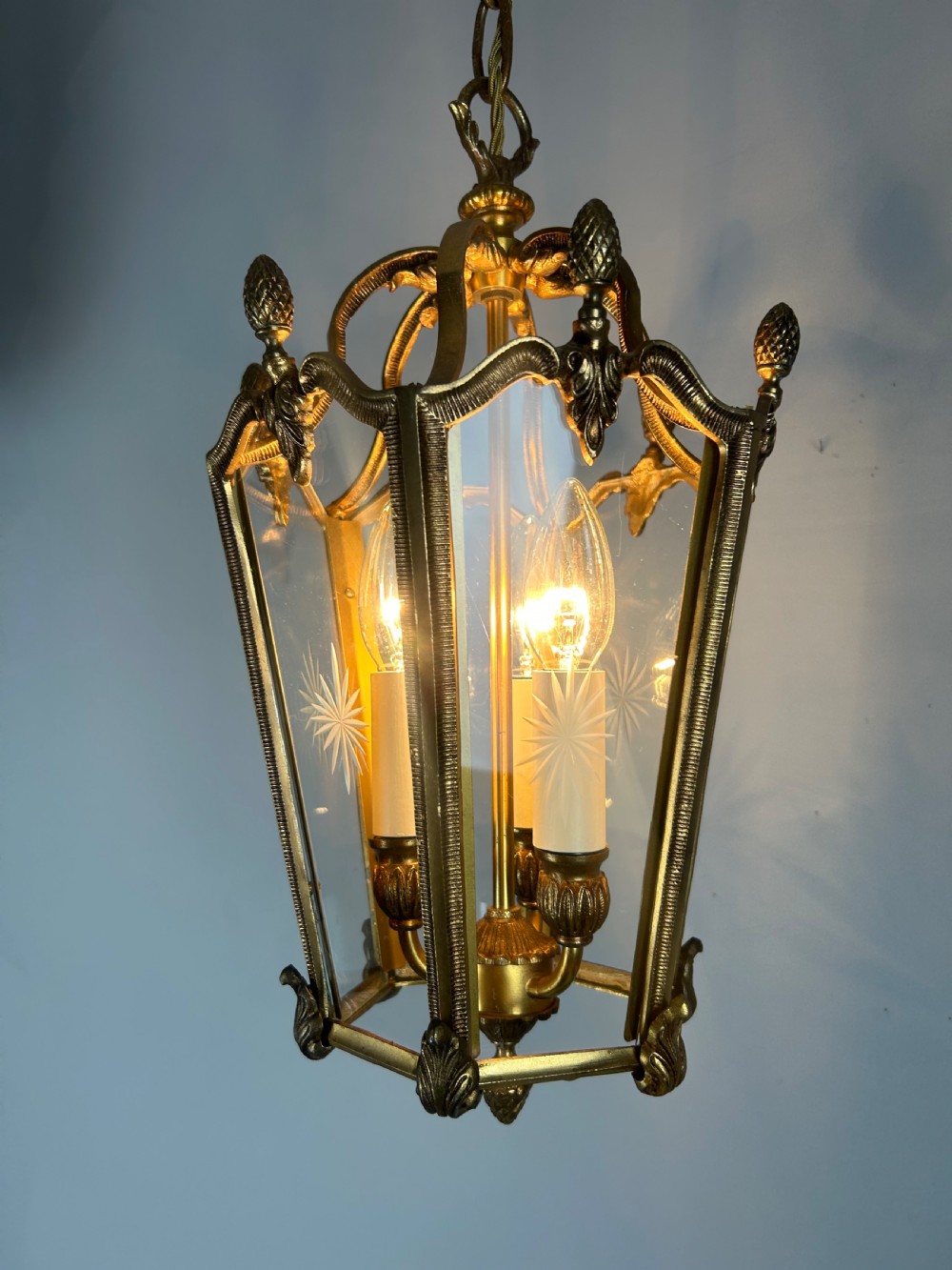 French Hexagonal Gilt Brass Antique Lantern  View VI