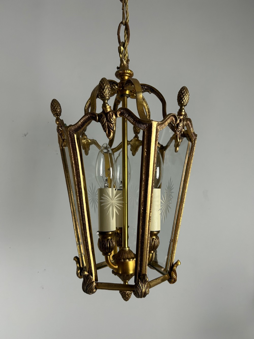 French Hexagonal Gilt Brass Antique Lantern  View XIV