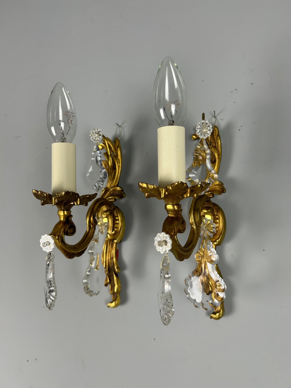 Pair Of French Gilt Brass & Crystal Single Arm Wall Lights