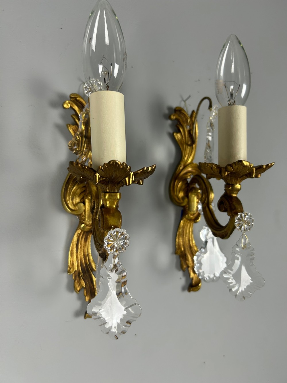 Pair Of French Gilt Brass & Crystal Single Arm Wall Lights View II