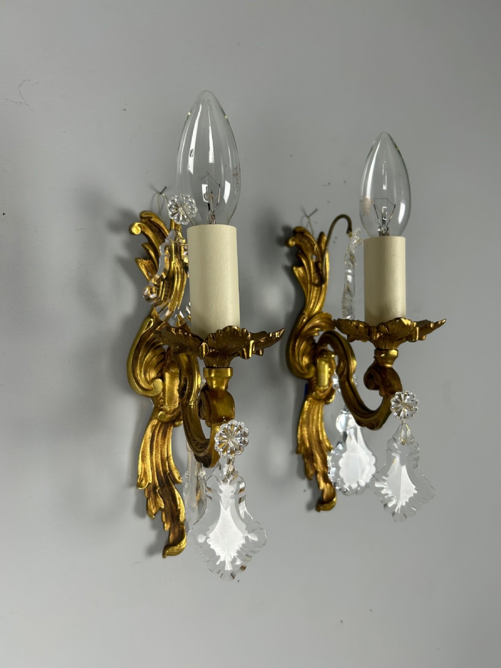 Pair Of French Gilt Brass & Crystal Single Arm Wall Lights View III