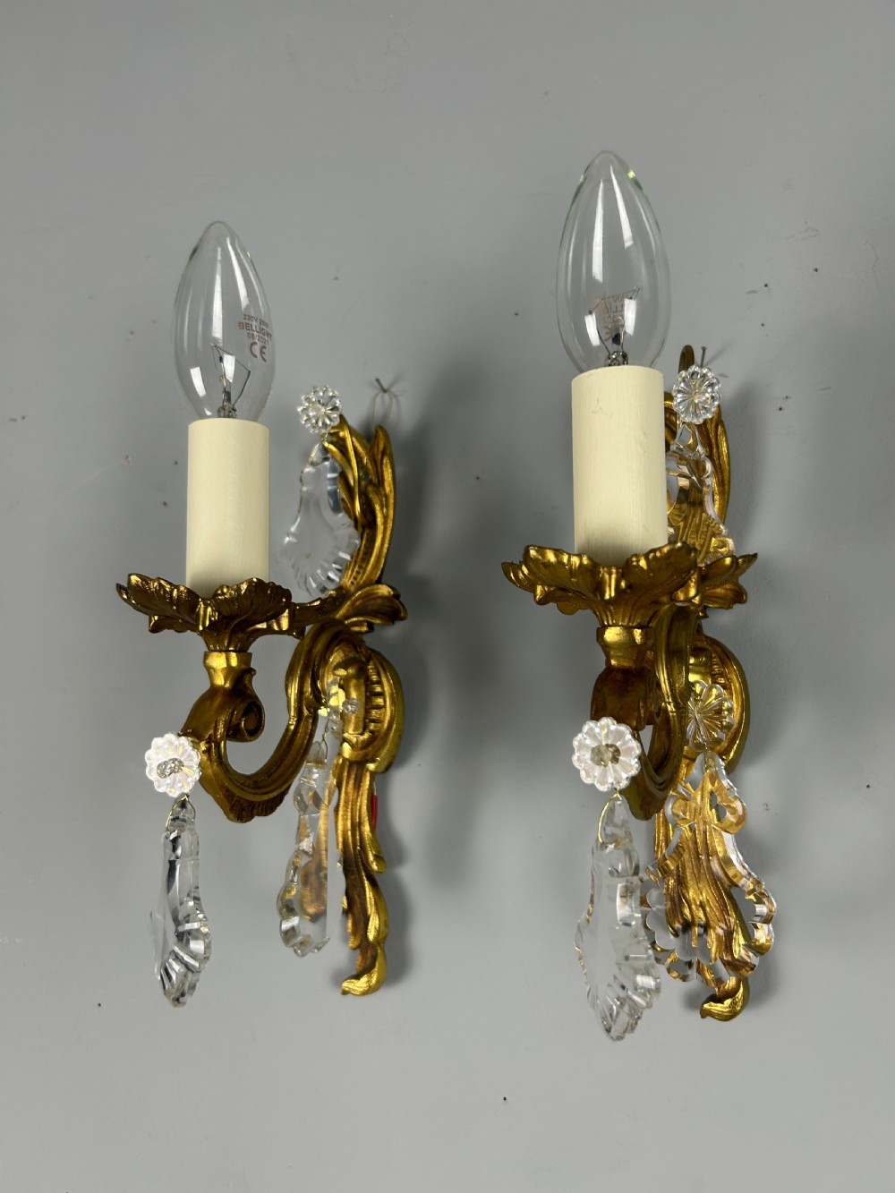 Pair Of French Gilt Brass & Crystal Single Arm Wall Lights View IV