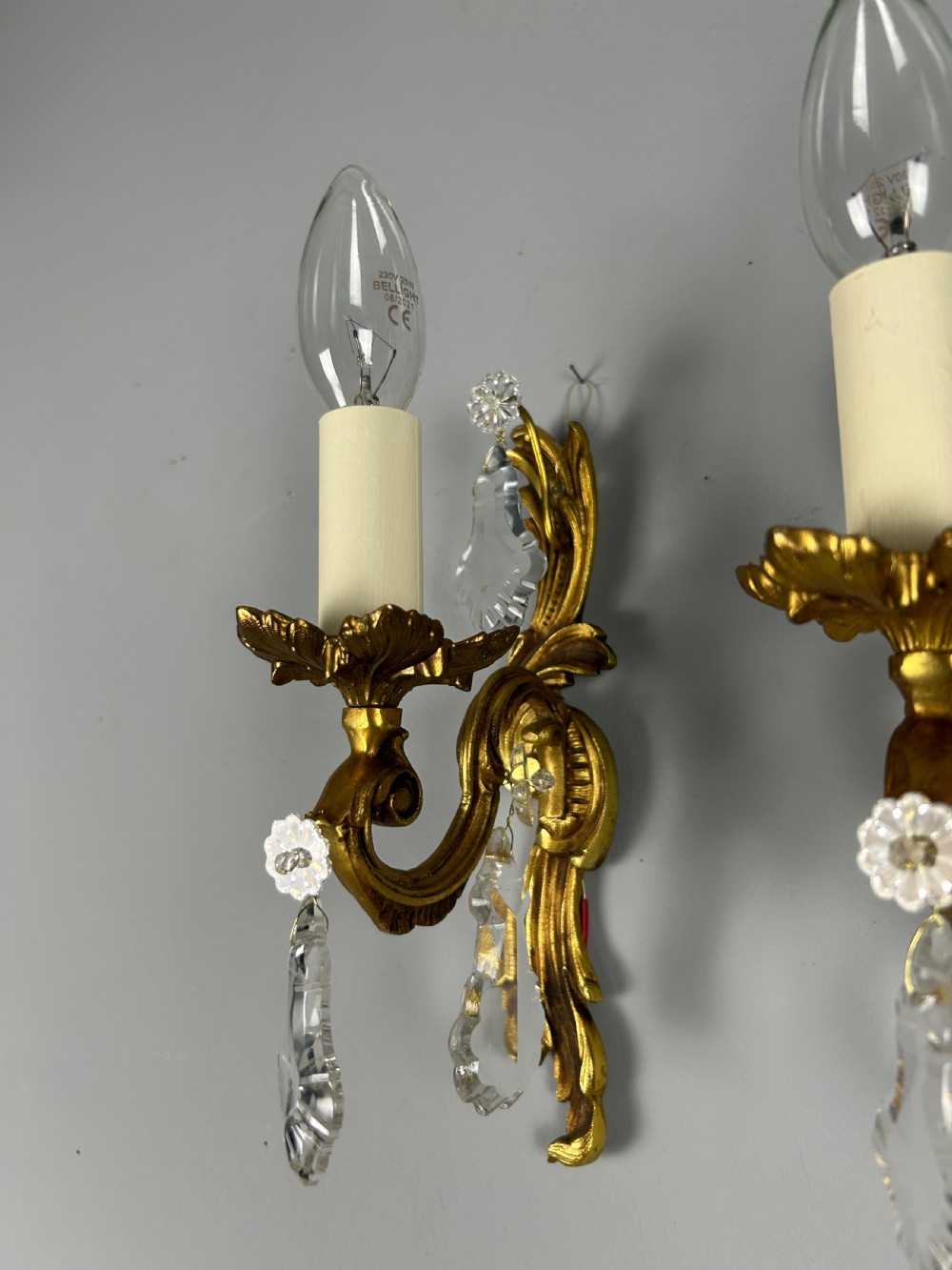 Pair Of French Gilt Brass & Crystal Single Arm Wall Lights View V