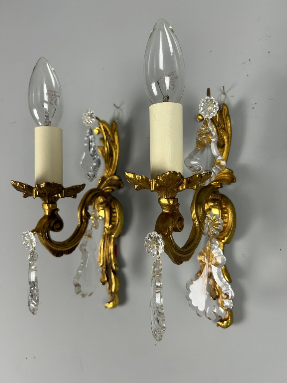 Pair Of French Gilt Brass & Crystal Single Arm Wall Lights View VII