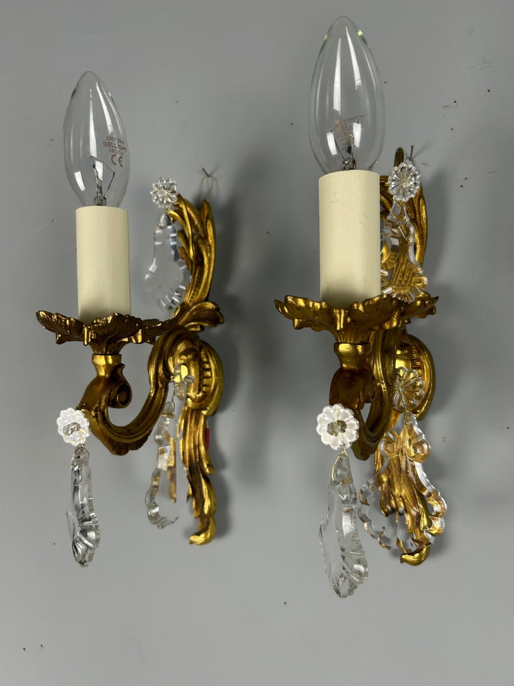 Pair Of French Gilt Brass & Crystal Single Arm Wall Lights View VIII