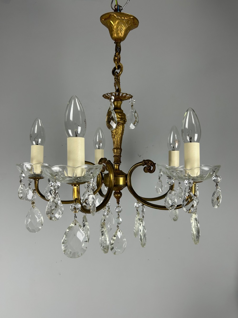 French Brass & Crystal 5 Light Chandelier