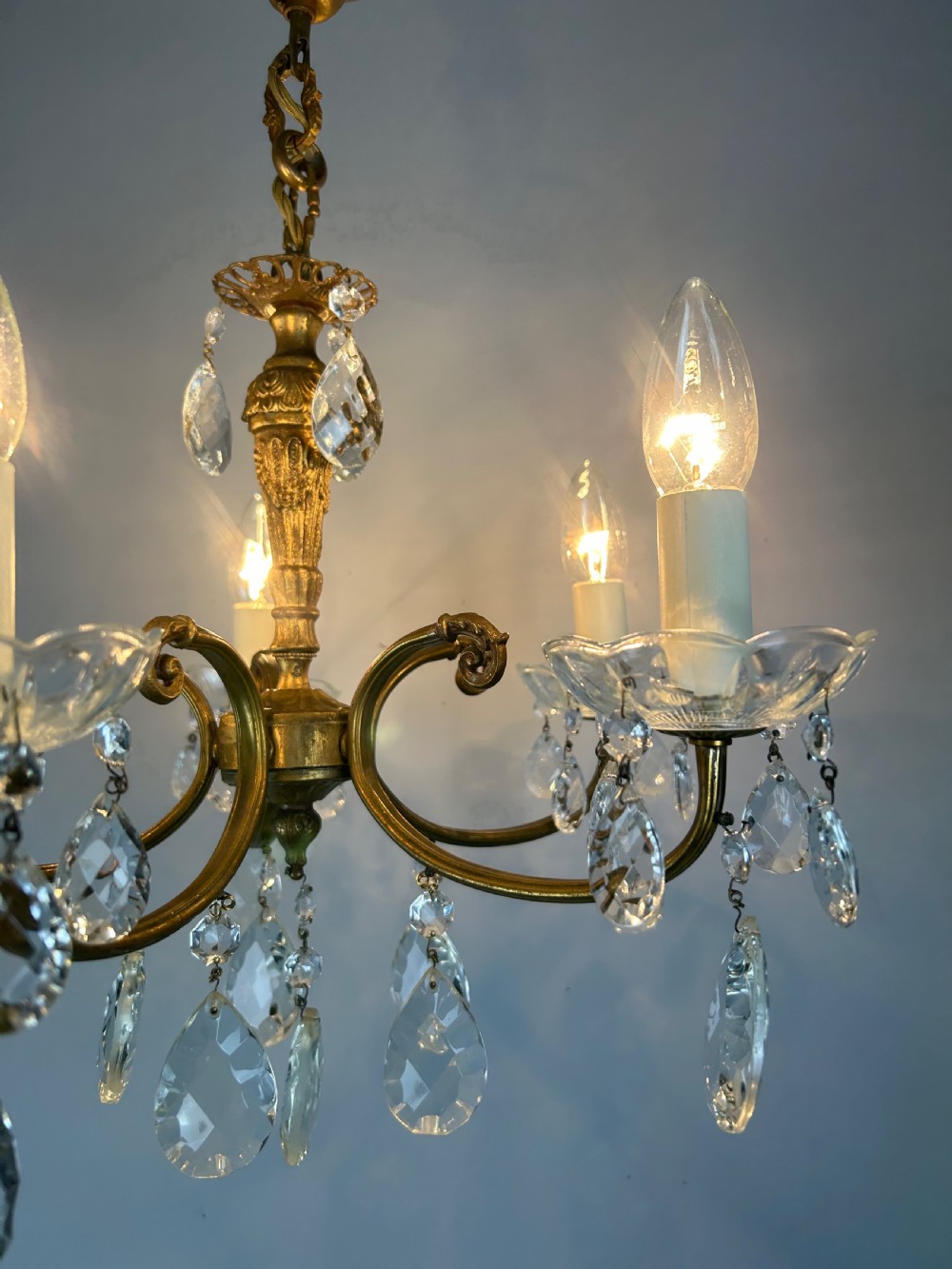 French Brass & Crystal 5 Light Chandelier View II