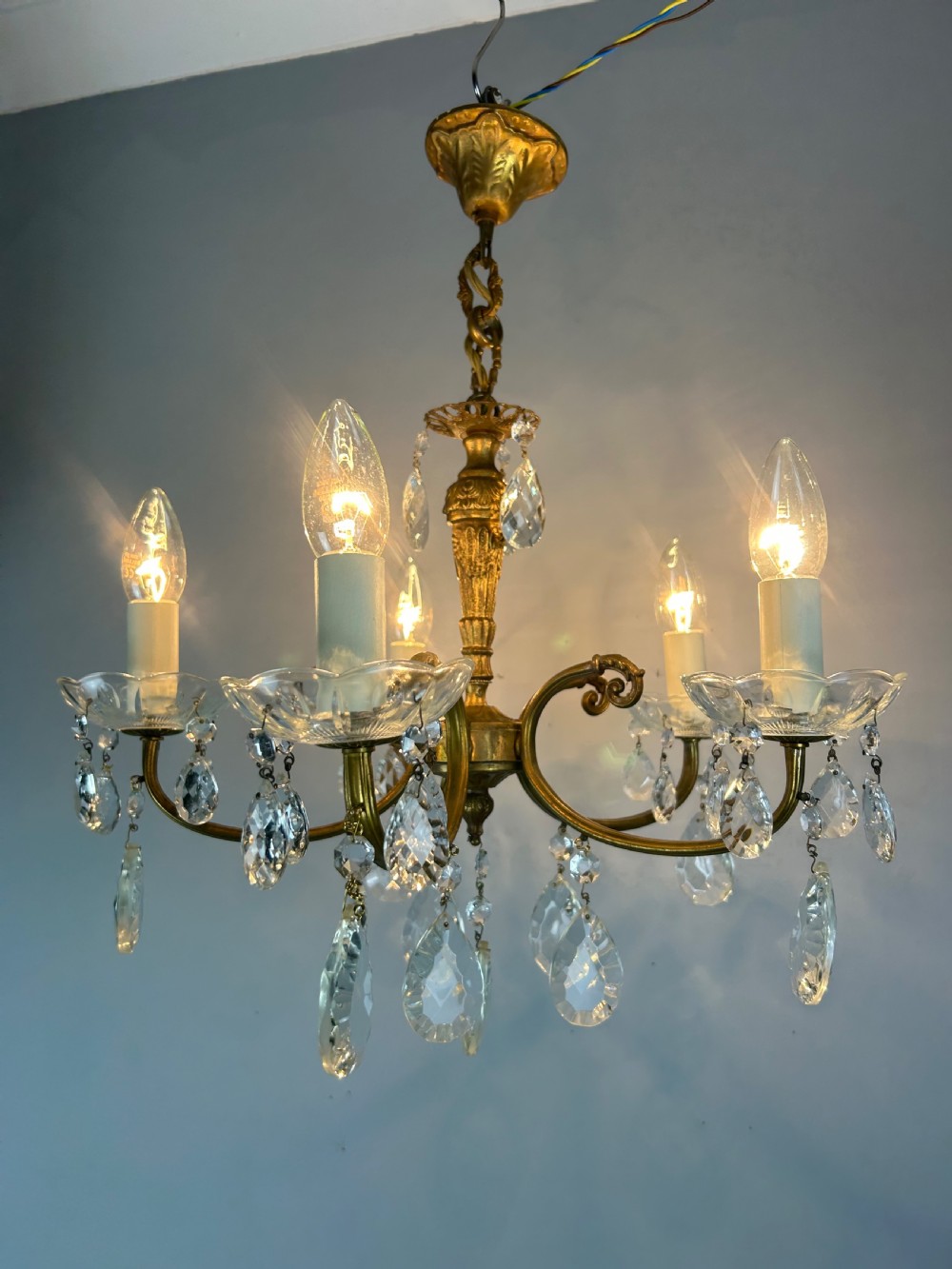 French Brass & Crystal 5 Light Chandelier View III