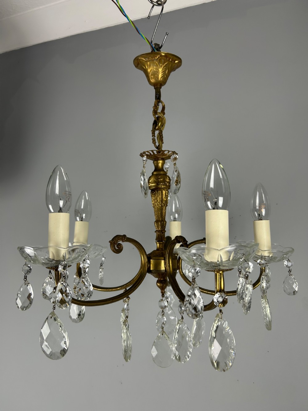 French Brass & Crystal 5 Light Chandelier View IV