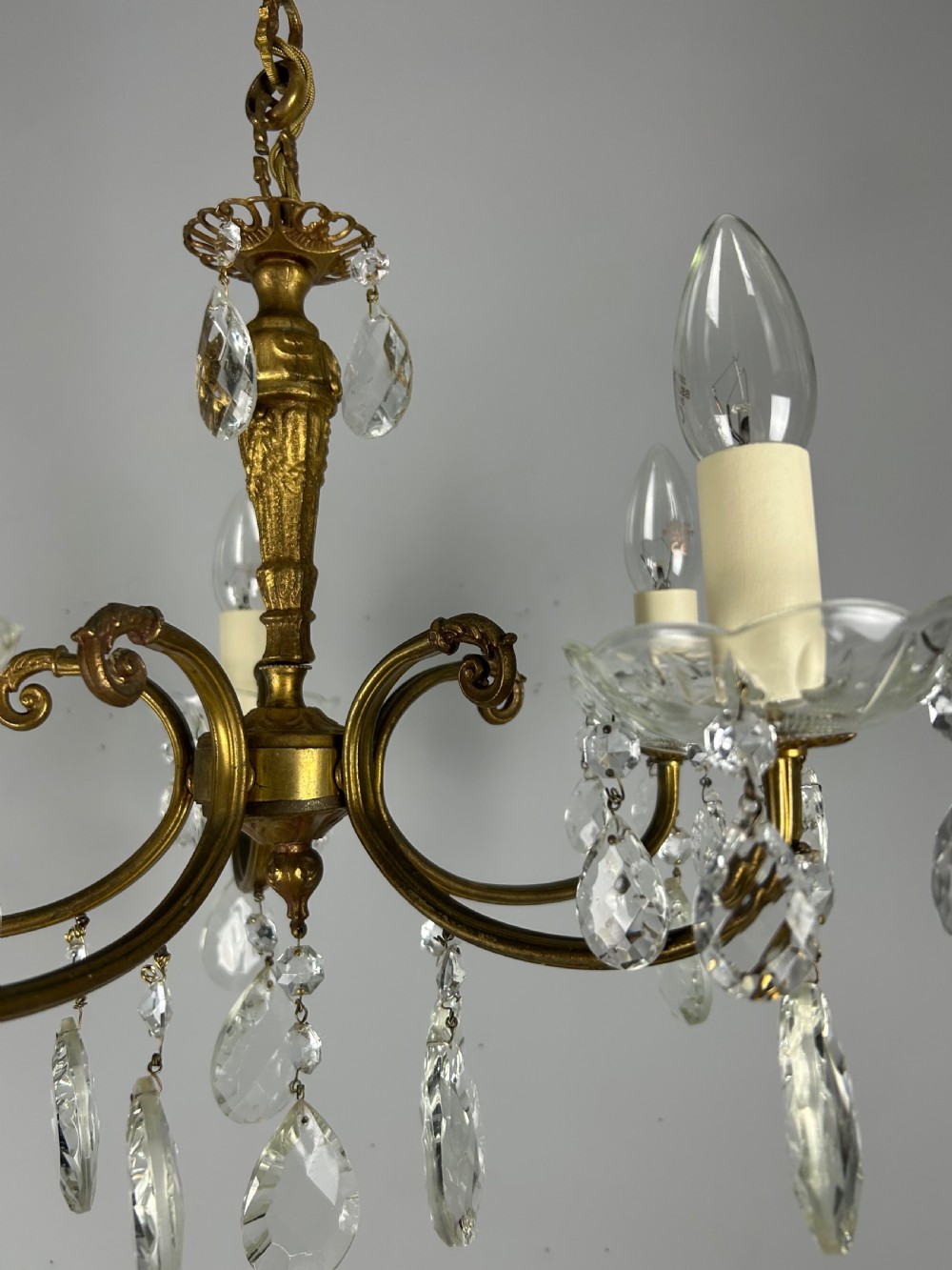 French Brass & Crystal 5 Light Chandelier View VIII