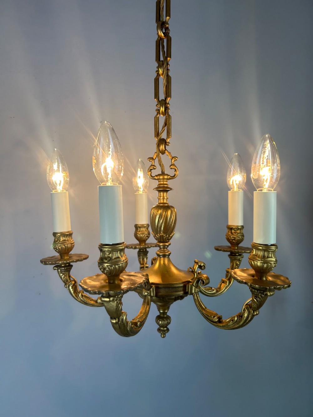 French Gilded Bronze 5 Light Antique Chandelier View II
