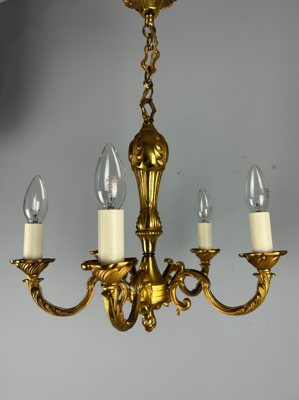French Gilt Brass 5 Light Chandelier, Ceiling Light