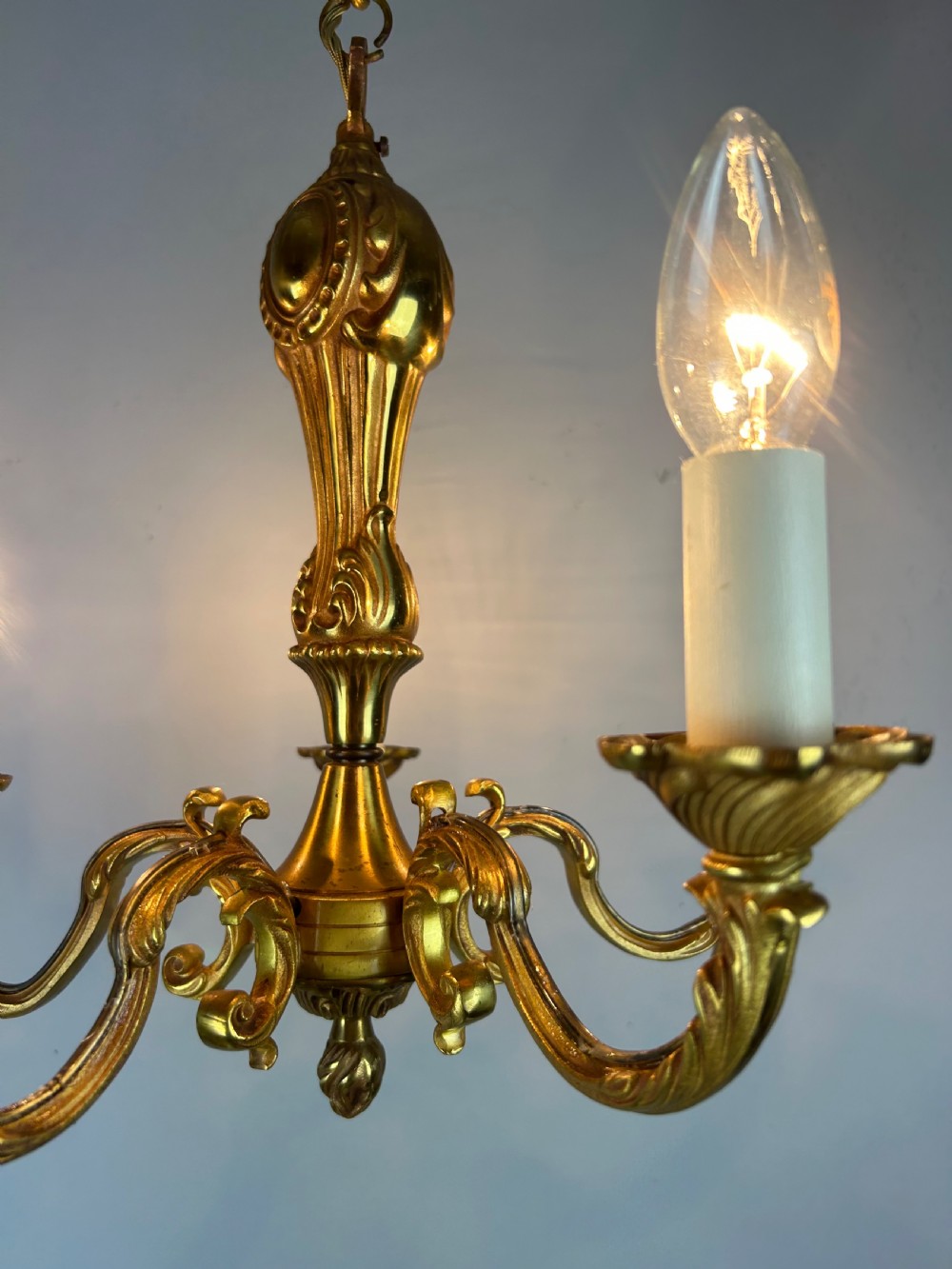French Gilt Brass 5 Light Chandelier, Ceiling Light View III