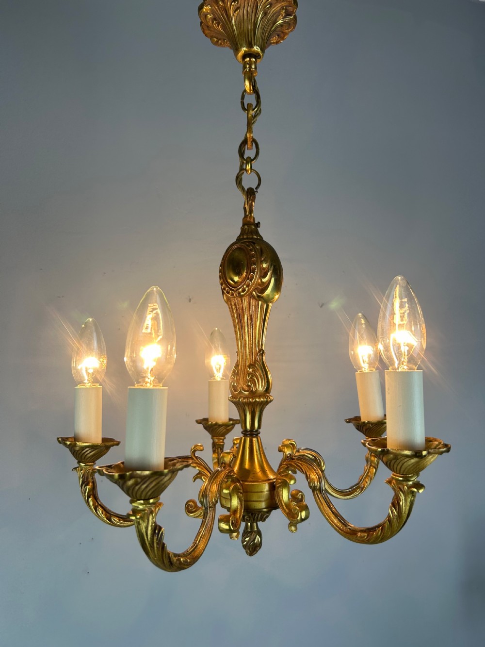 French Gilt Brass 5 Light Chandelier, Ceiling Light View V