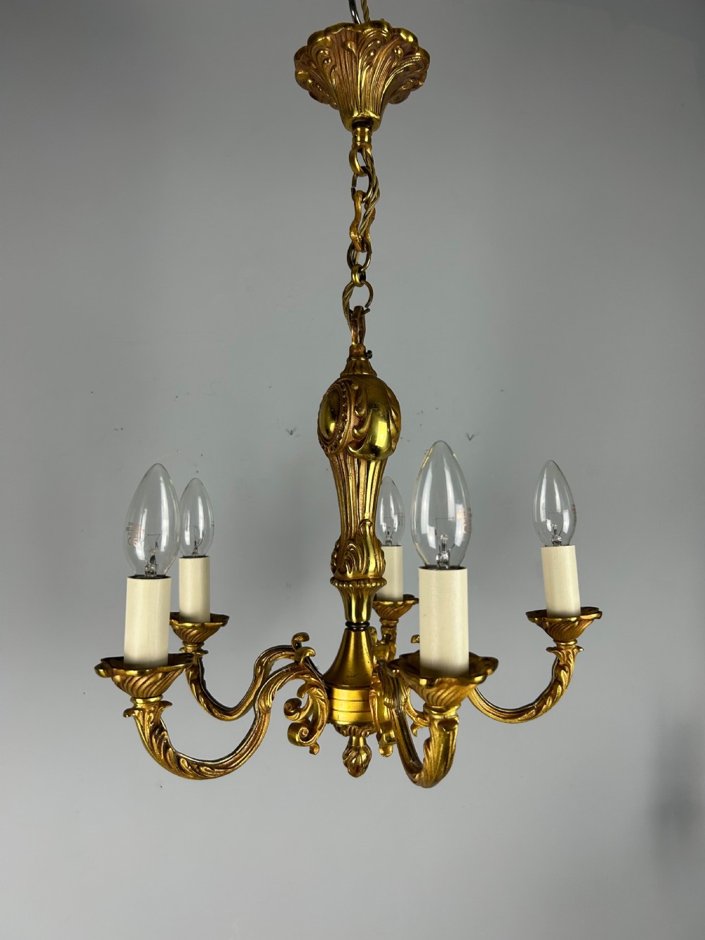French Gilt Brass 5 Light Chandelier, Ceiling Light View VII