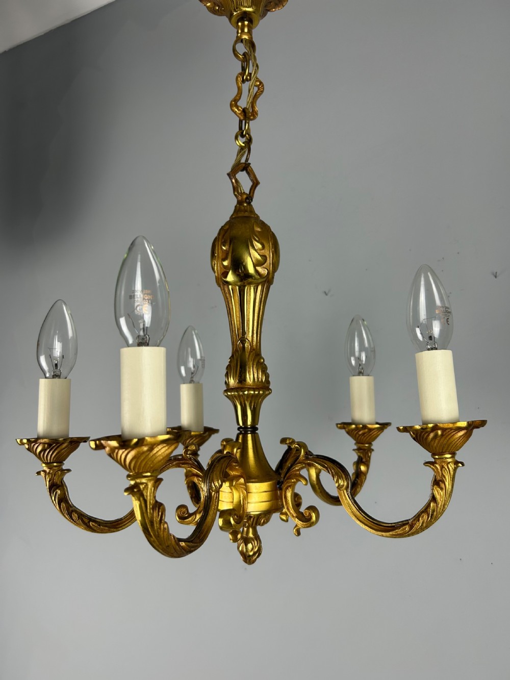 French Gilt Brass 5 Light Chandelier, Ceiling Light View XI