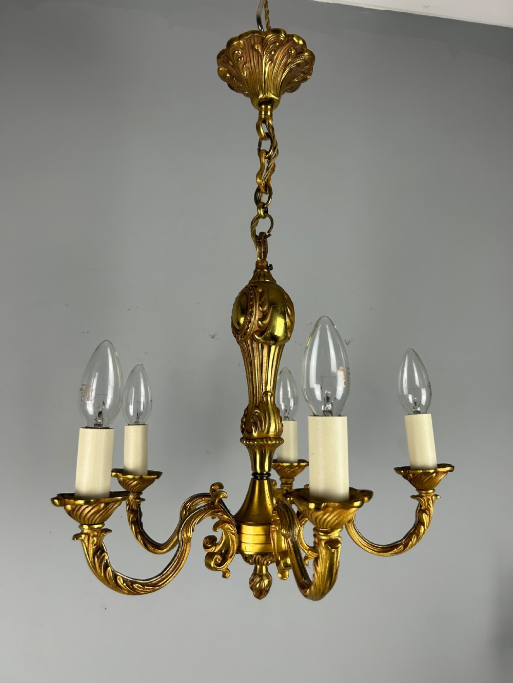 French Gilt Brass 5 Light Chandelier, Ceiling Light View XII
