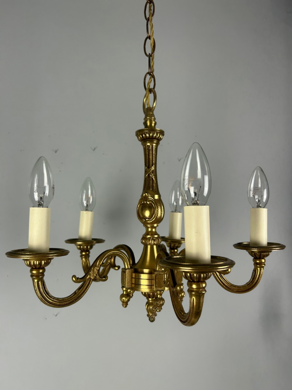 French Gilt Brass 5 Light Chandelier, Ceiling Light