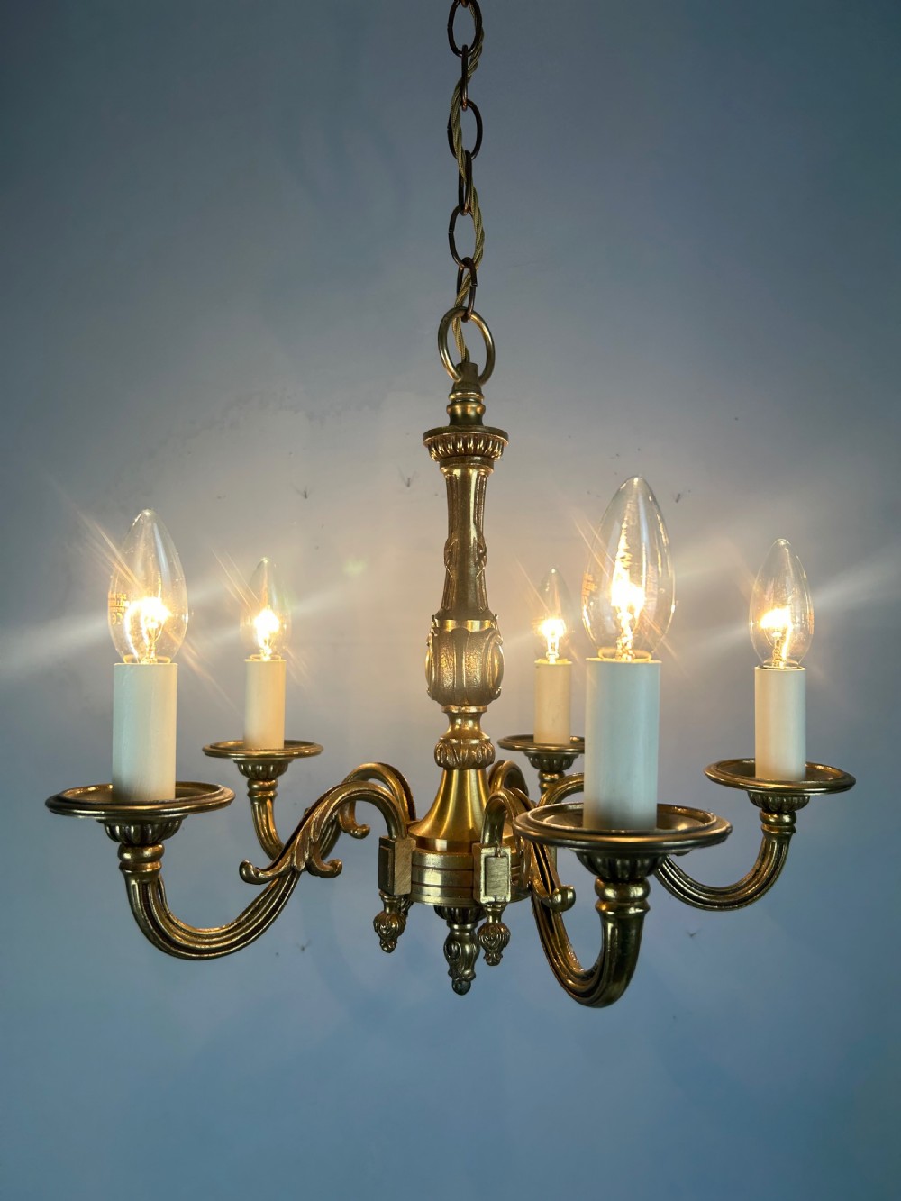 French Gilt Brass 5 Light Chandelier, Ceiling Light View II