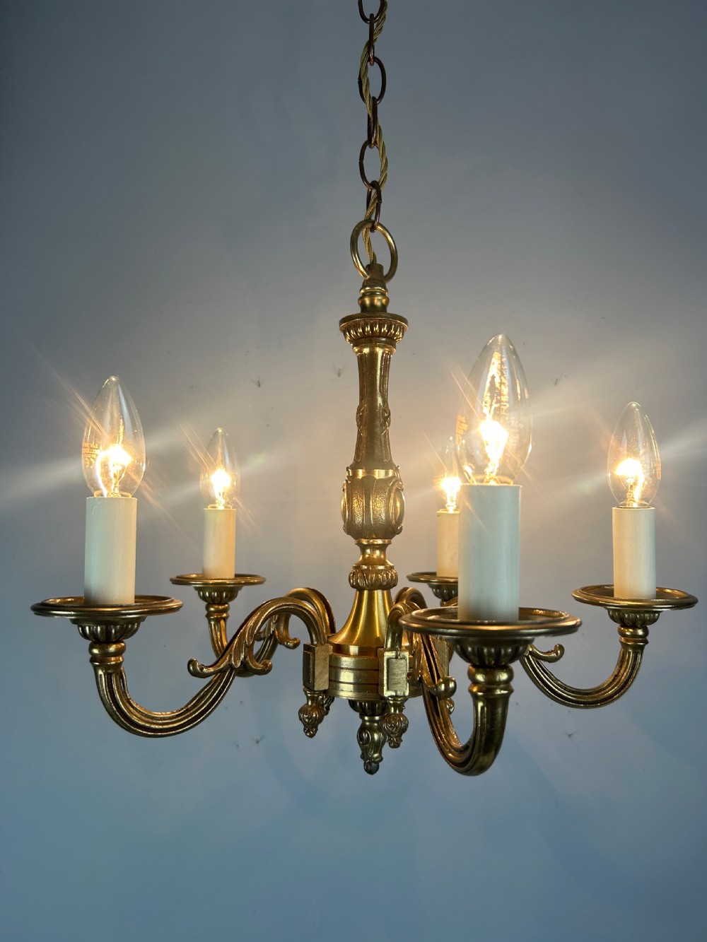 French Gilt Brass 5 Light Chandelier, Ceiling Light View III
