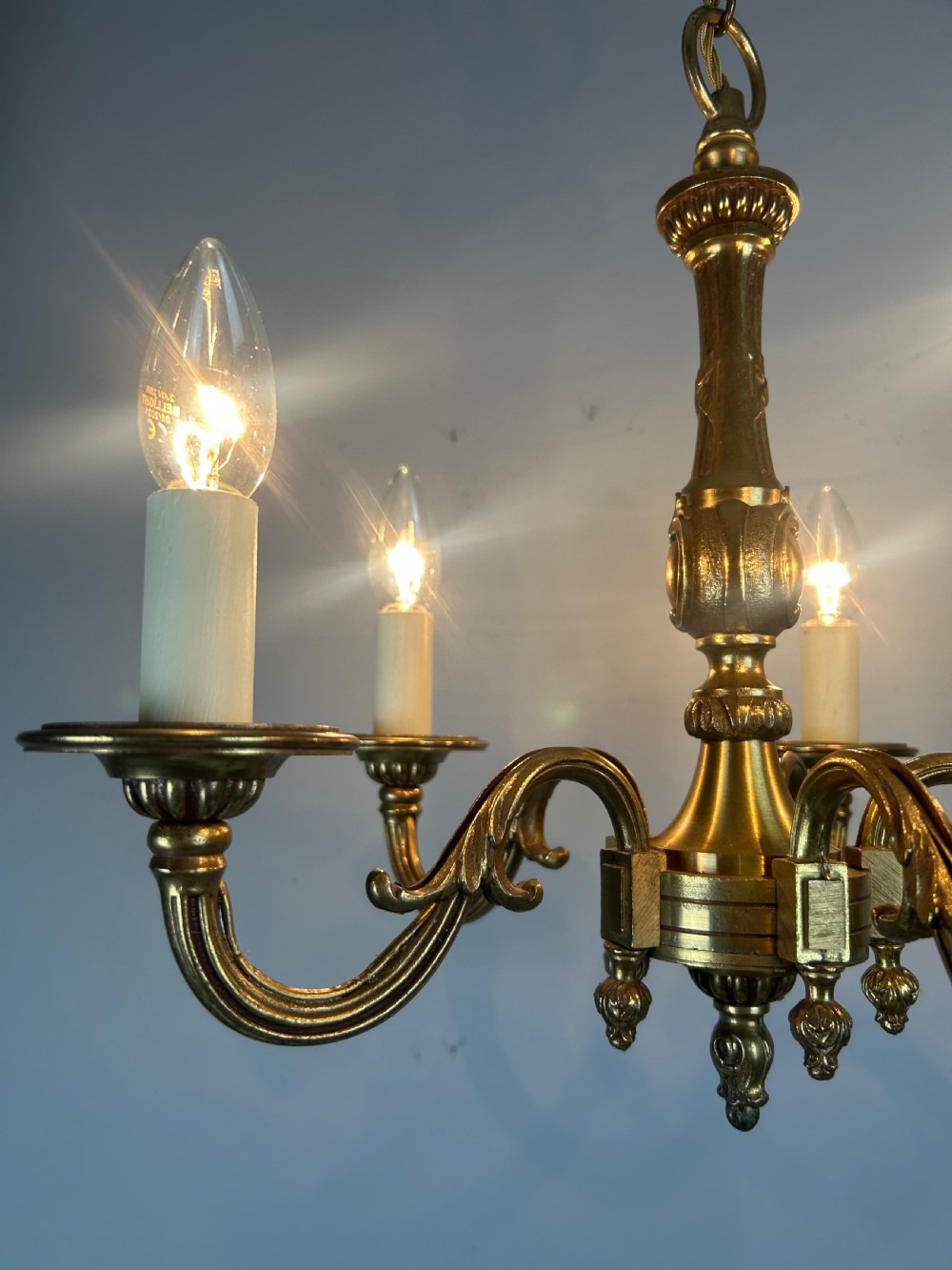 French Gilt Brass 5 Light Chandelier, Ceiling Light View V