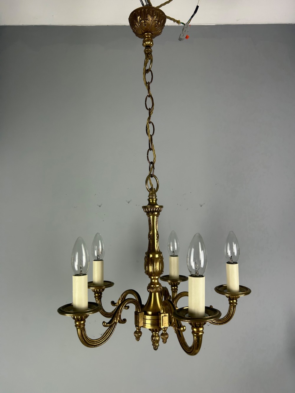 French Gilt Brass 5 Light Chandelier, Ceiling Light View VIII