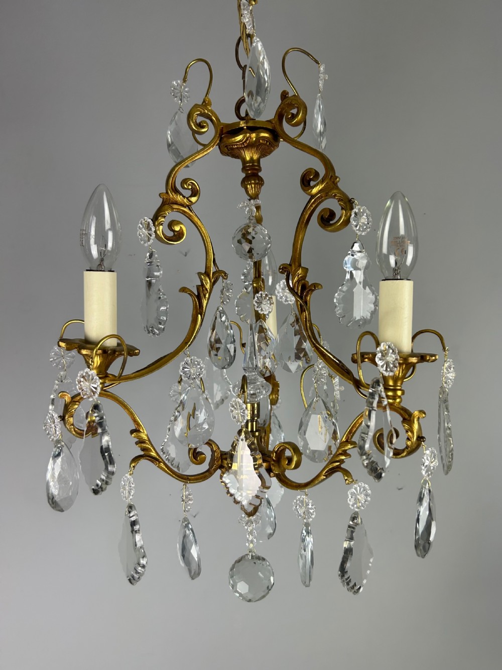 French Gilded & Crystal 3 Light Chandelier